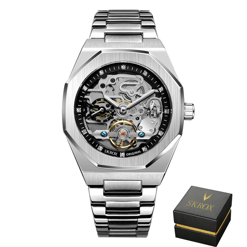 SKROX Luxury Gold Diamond Octagonal Automatic Clock Man Watch Elegant Stainless Steel Skeleton Mechanical Male Wrist Watches