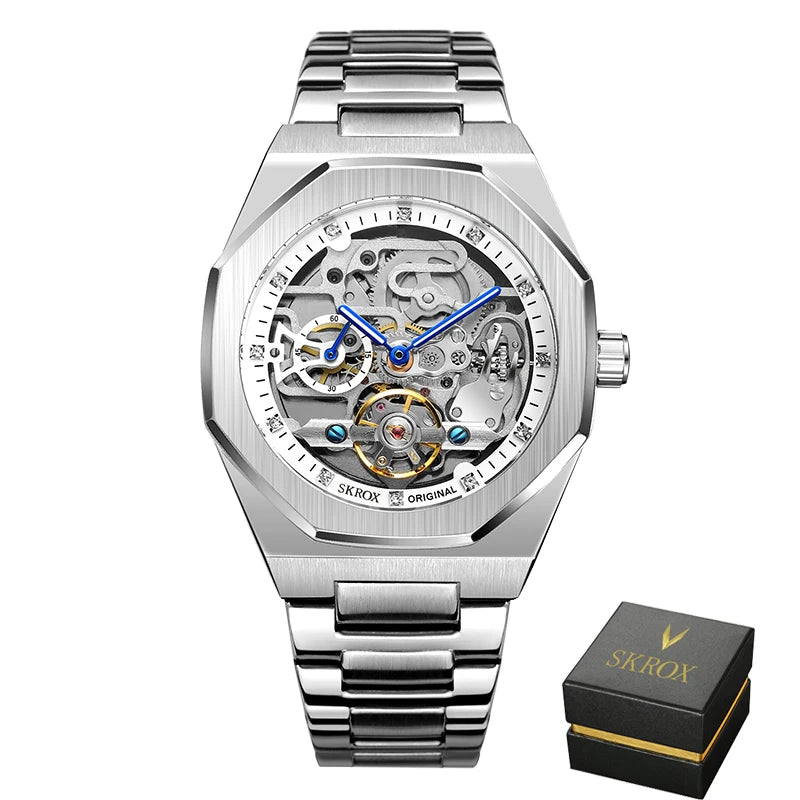 SKROX Luxury Gold Diamond Octagonal Automatic Clock Man Watch Elegant Stainless Steel Skeleton Mechanical Male Wrist Watches