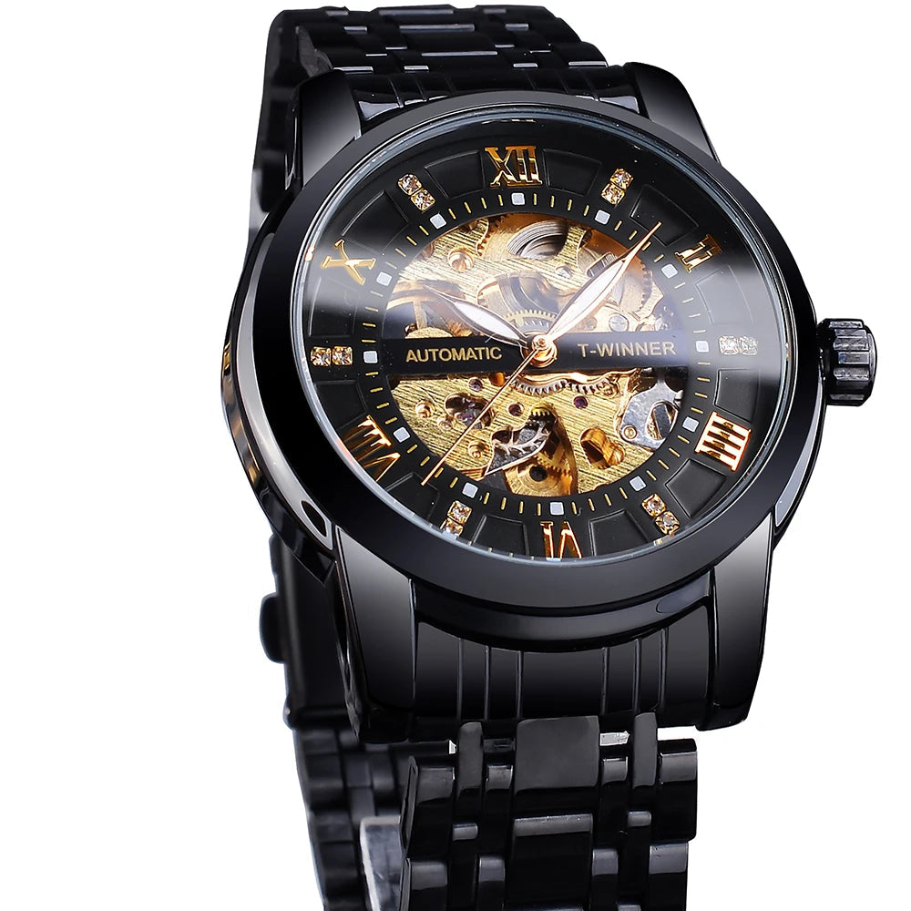 Winner Top Luxury Men Skeleton Automatic Mechanical Watch Business Fashion Rhinestone Luminous Men's Waterproof Wrist Watches