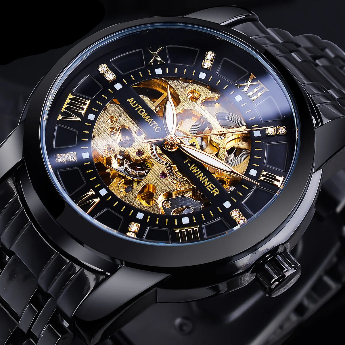 Winner Top Luxury Men Skeleton Automatic Mechanical Watch Business Fashion Rhinestone Luminous Men's Waterproof Wrist Watches