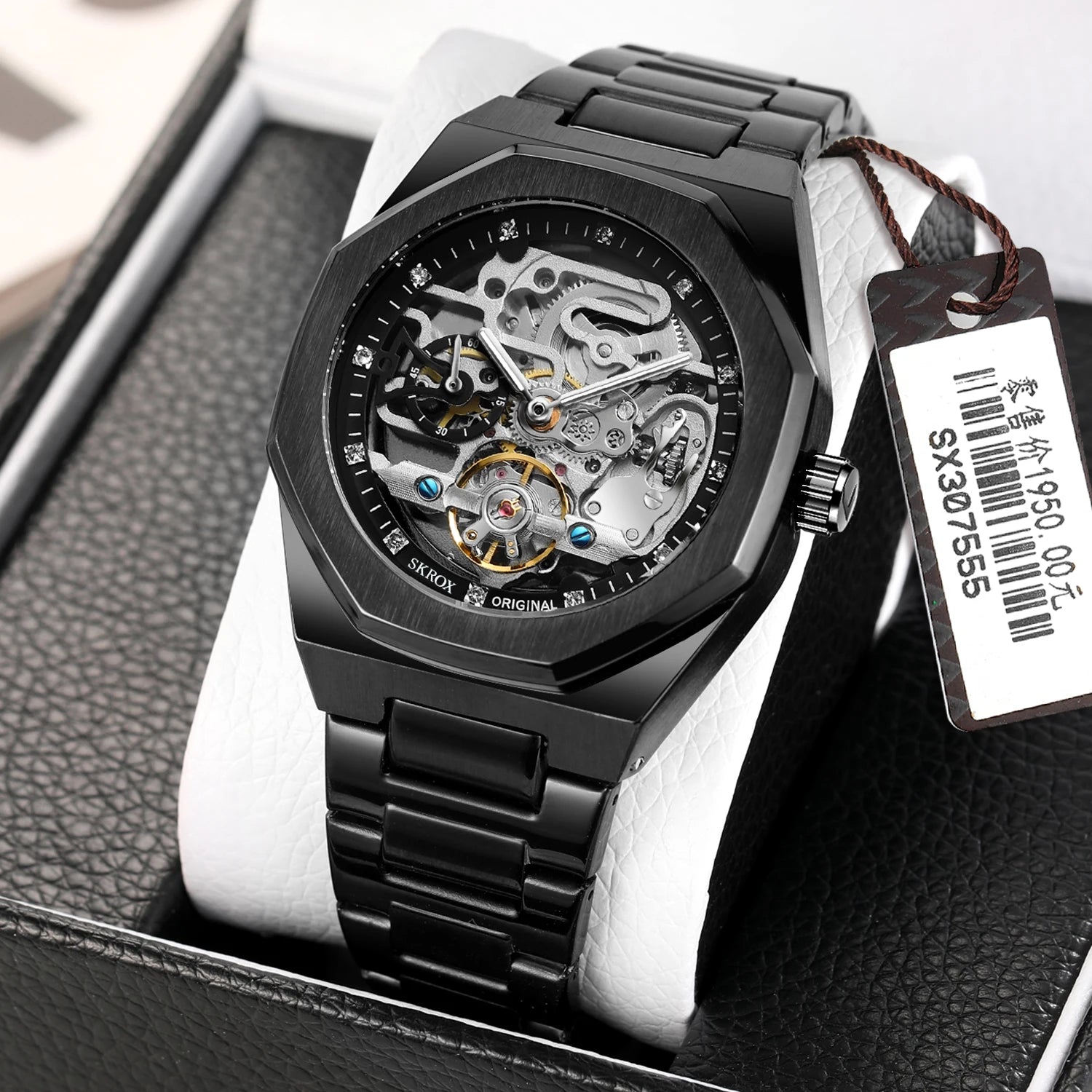 SKROX Luxury Gold Diamond Octagonal Automatic Clock Man Watch Elegant Stainless Steel Skeleton Mechanical Male Wrist Watches