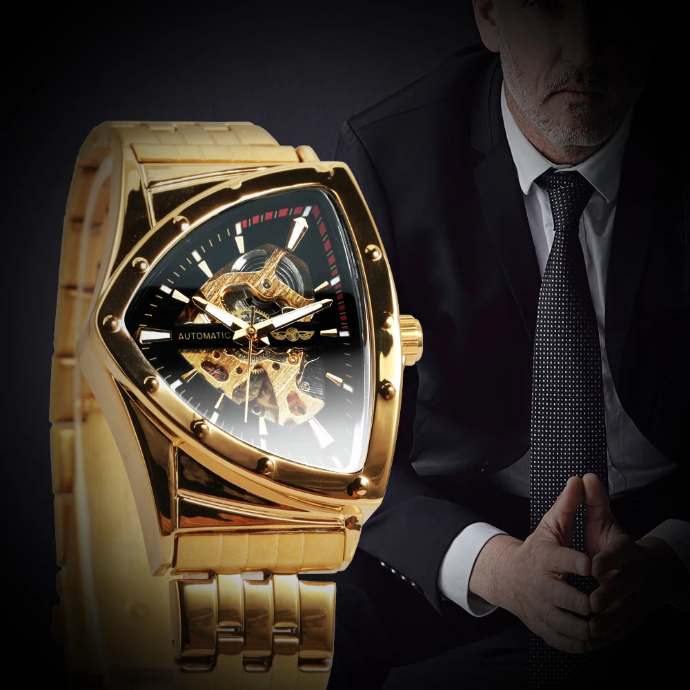 WINNER Military Triangle Skeleton Automatic Watch for Men Sports Luxury Mechanical Watches Gold Stainless Steel Strap Luminous