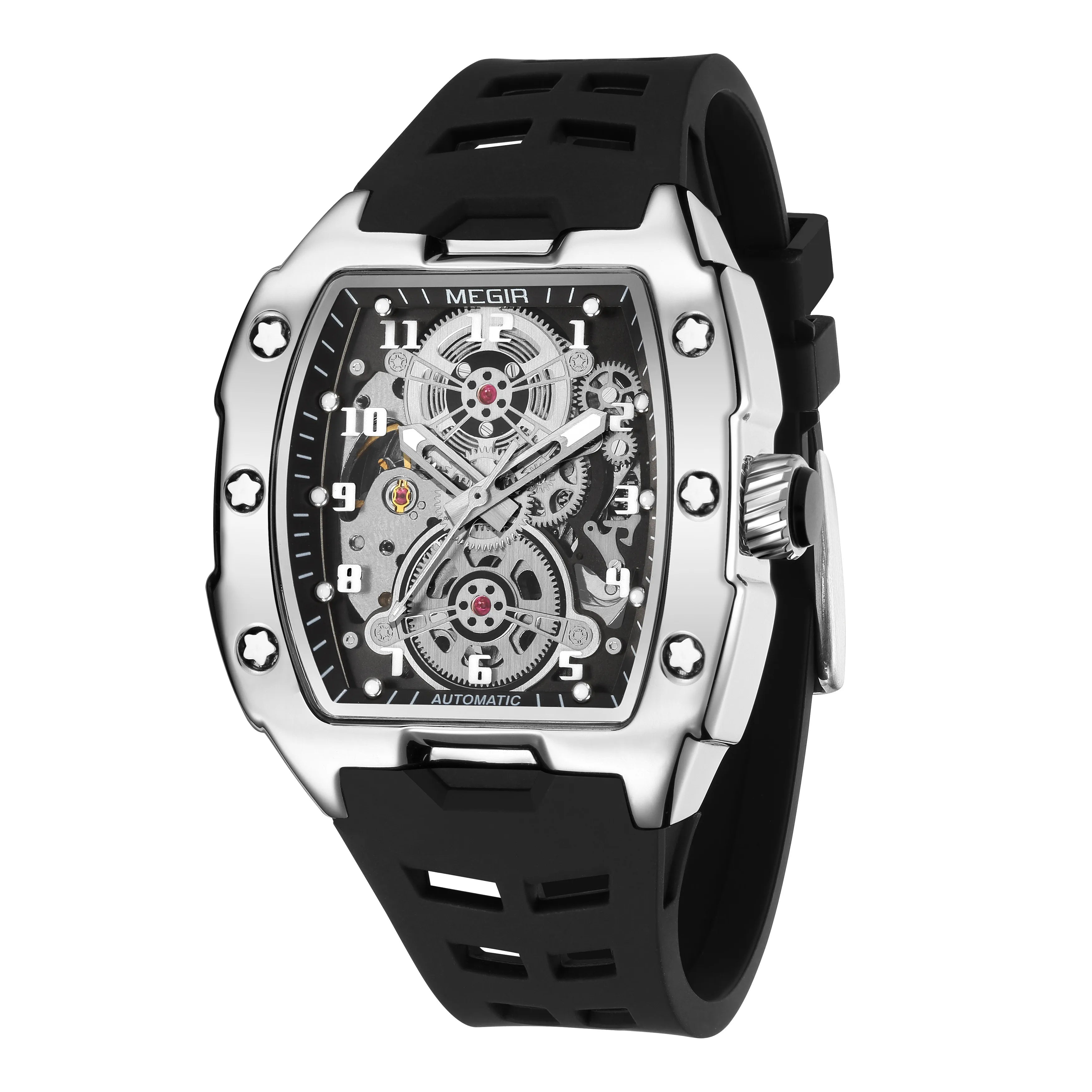 Fashion Megir Top Brand Black Silicone Bracelet Men's Mechanical Luxury Automatic Movement Skeleton Men Luminous Hands Watches