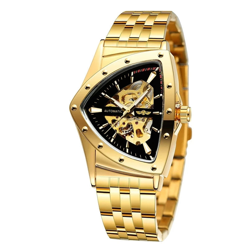 WINNER 395S Luxury Men's Mechanical Watches Gold Stainless Steel Top Brand Waterproof Triangle Skeleton Business Male Wristwatch