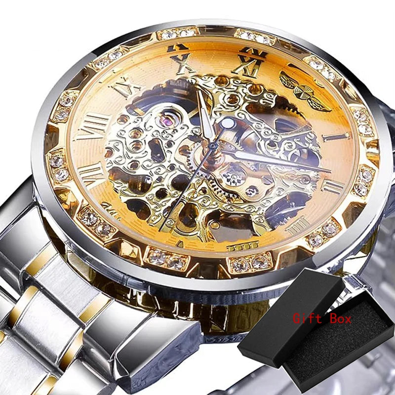 Winner Transparent Fashion Diamond Luminous Gear Movement Royal Design Men Top Brand Luxury Male Mechanical Skeleton Wrist Watch