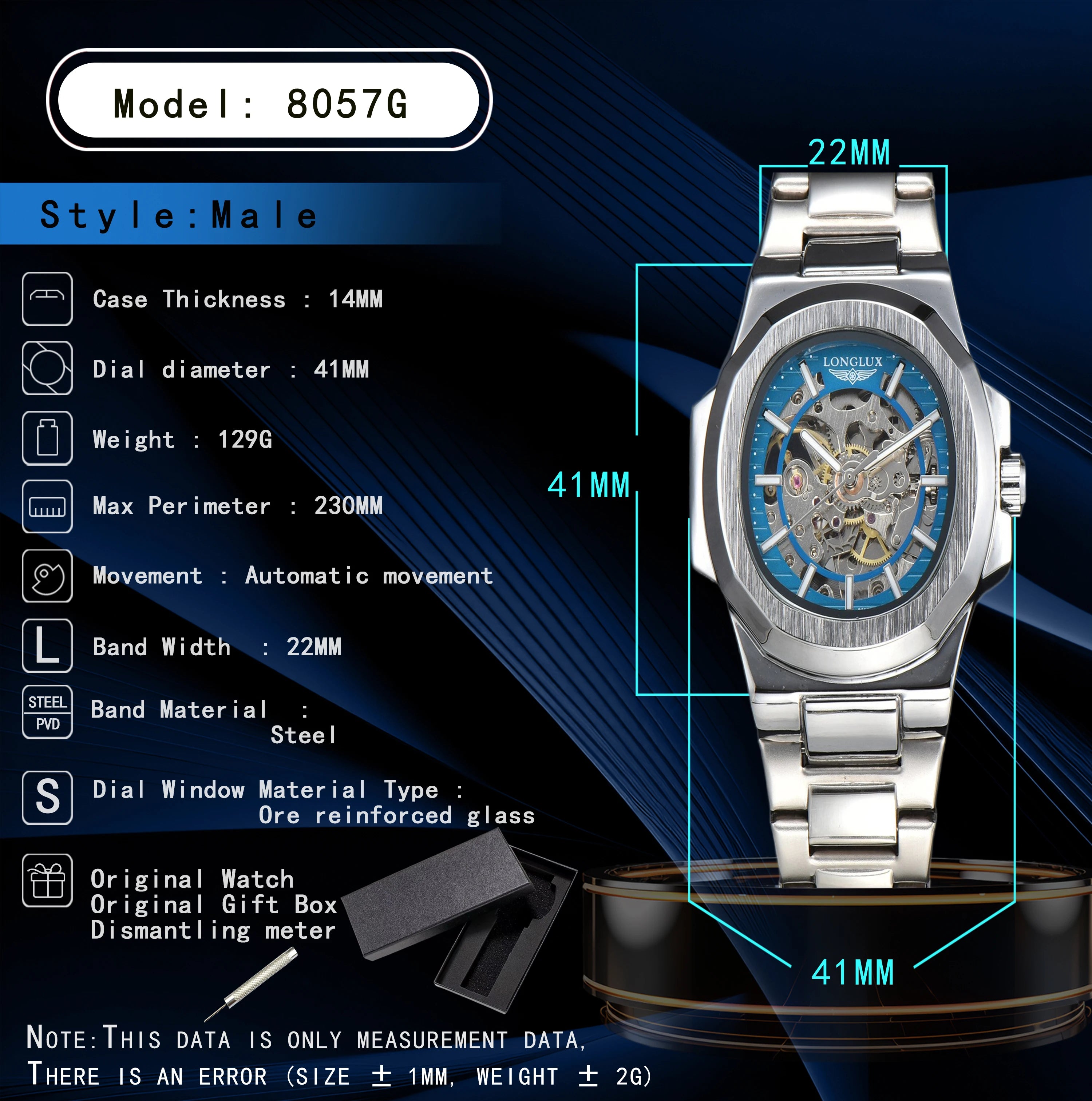 LONGLUX automatic man watch  luxury mechanical wristwatches stainless steel skeleton waterproof  mens watch men gift