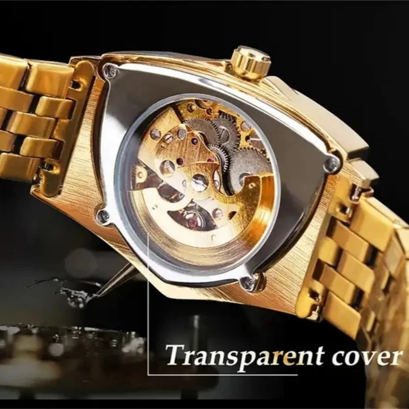 WINNER 395S Luxury Men's Mechanical Watches Gold Stainless Steel Top Brand Waterproof Triangle Skeleton Business Male Wristwatch