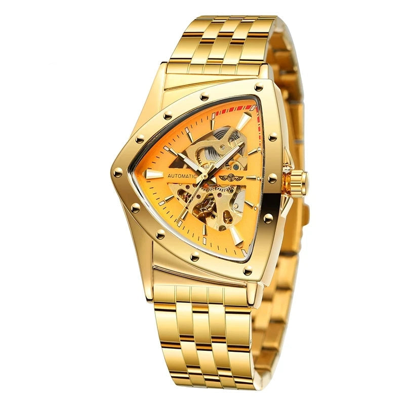 WINNER 395S Luxury Men's Mechanical Watches Gold Stainless Steel Top Brand Waterproof Triangle Skeleton Business Male Wristwatch