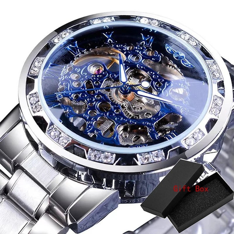 Winner Transparent Fashion Diamond Luminous Gear Movement Royal Design Men Top Brand Luxury Male Mechanical Skeleton Wrist Watch