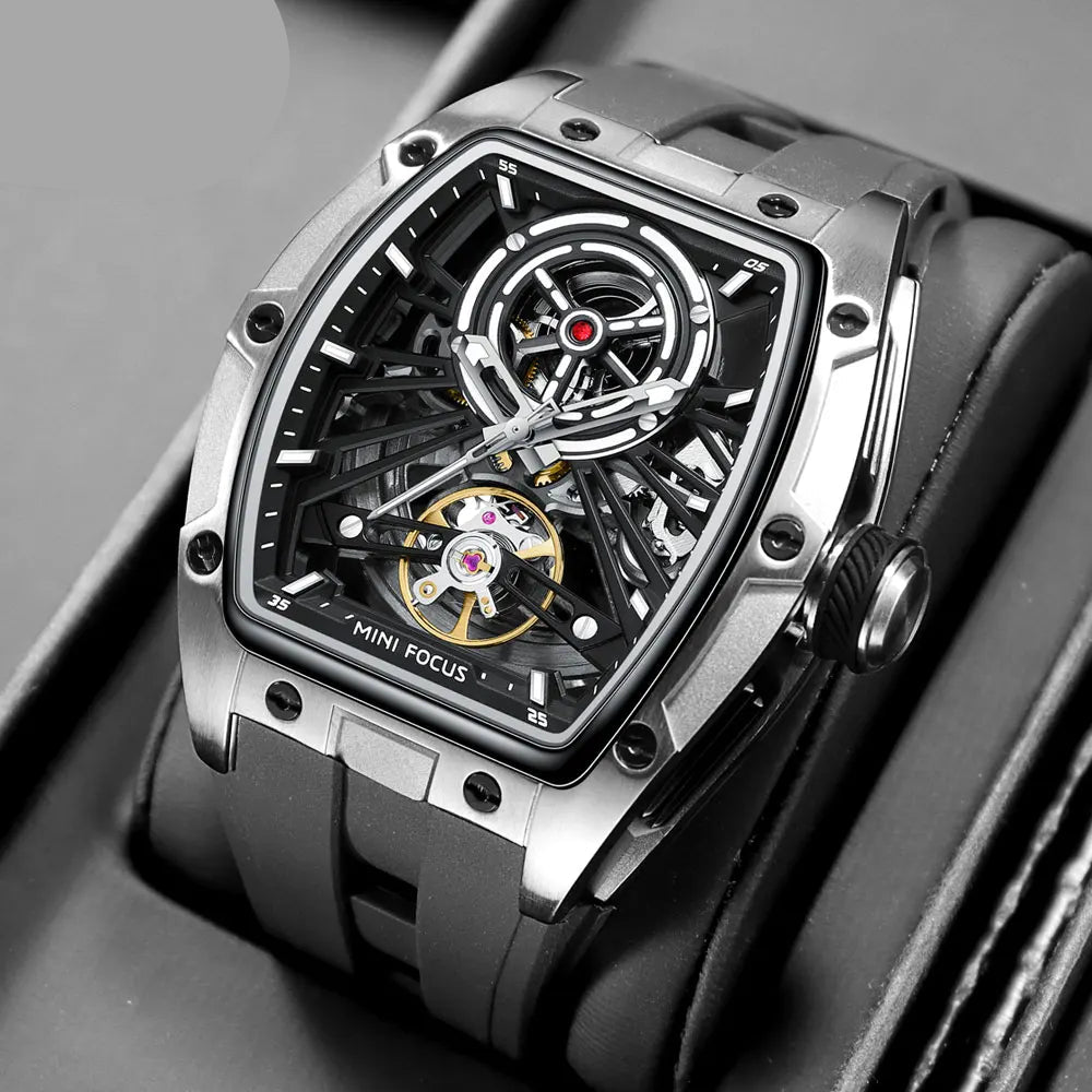 MINI FOCUS Men Wristwatch Fashion Black Waterproof Automatic Mechanical Watch with Luminous Hands Silicone Strap Tonneau Dial