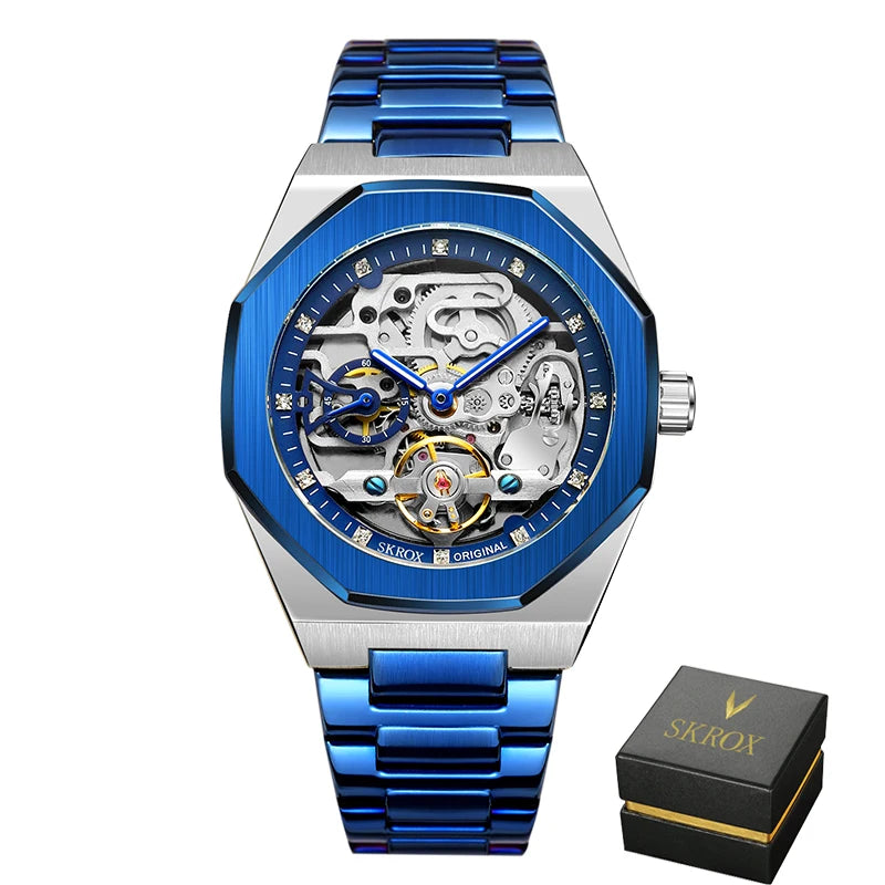 SKROX Luxury Gold Diamond Octagonal Automatic Clock Man Watch Elegant Stainless Steel Skeleton Mechanical Male Wrist Watches