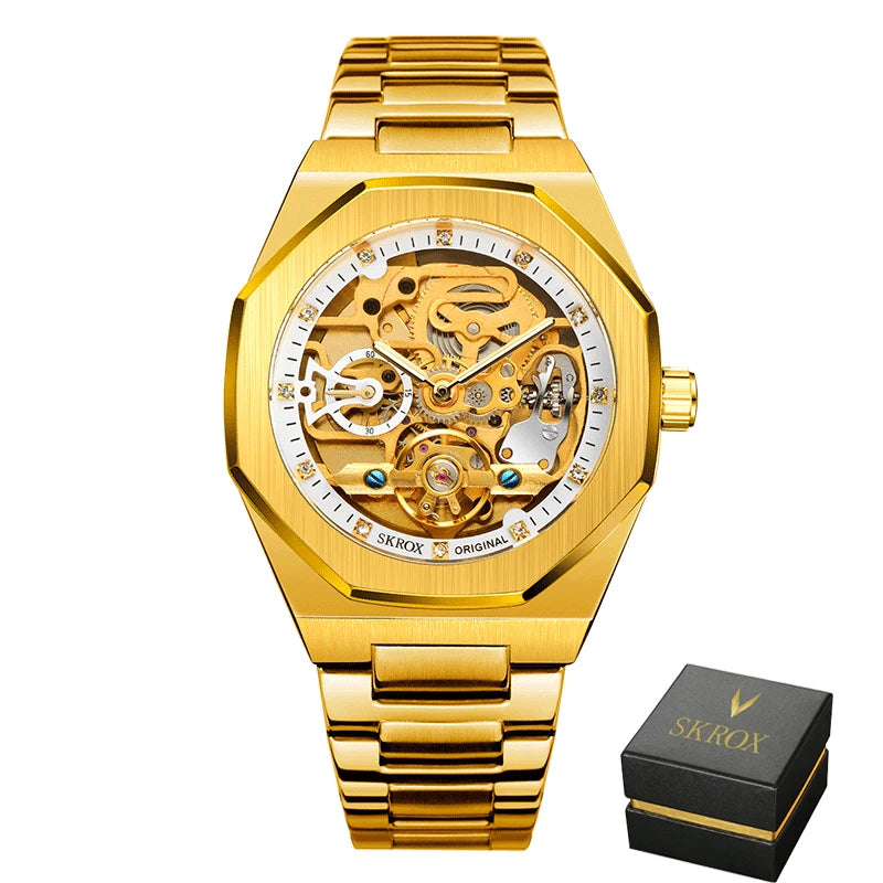 SKROX Luxury Gold Diamond Octagonal Automatic Clock Man Watch Elegant Stainless Steel Skeleton Mechanical Male Wrist Watches