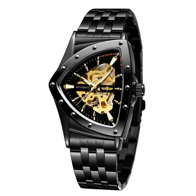 WINNER 395S Luxury Men's Mechanical Watches Gold Stainless Steel Top Brand Waterproof Triangle Skeleton Business Male Wristwatch