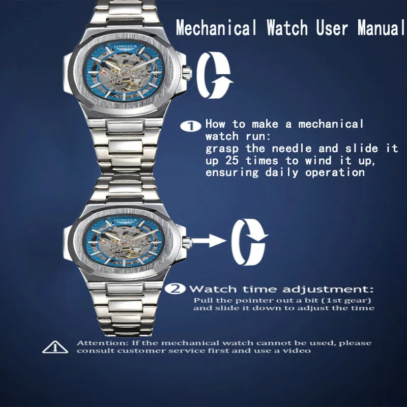 LONGLUX automatic man watch  luxury mechanical wristwatches stainless steel skeleton waterproof  mens watch men gift