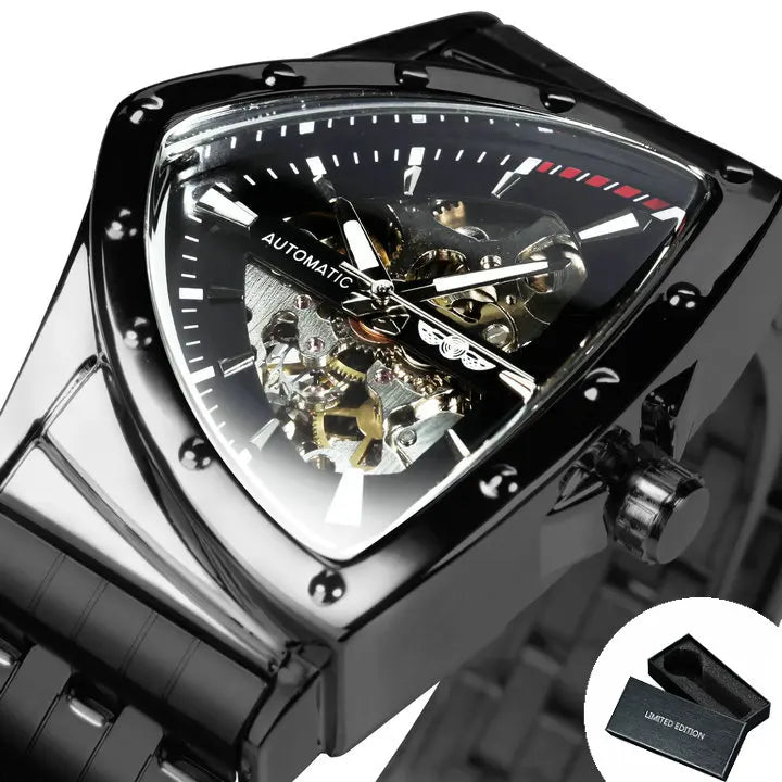 WINNER Military Triangle Skeleton Automatic Watch for Men Sports Luxury Mechanical Watches Gold Stainless Steel Strap Luminous