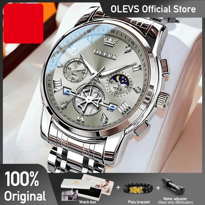 OLEVS Men's Watches Classic Multifunctional Fltwheel Chronograph Original Quartz Wristwatch Moon Phase 24 Hour Waterproof reloj