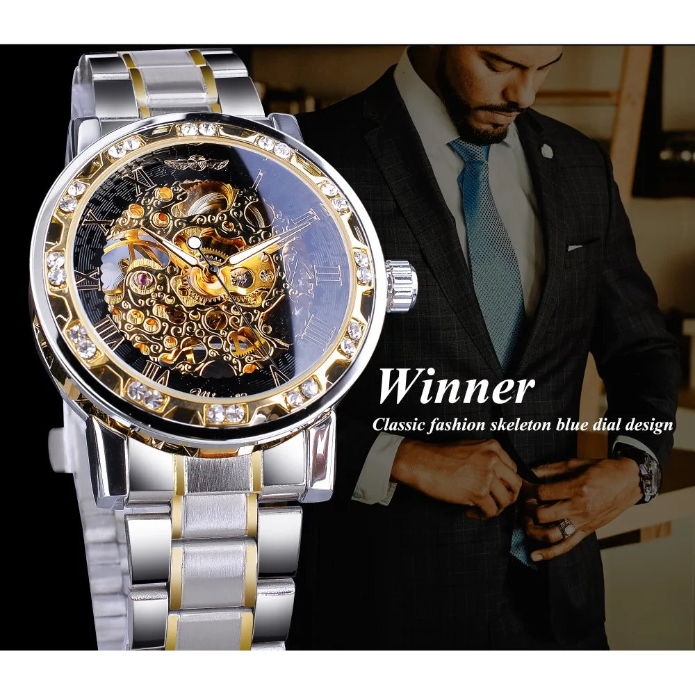 Winner Transparent Fashion Diamond Luminous Gear Movement Royal Design Men Top Brand Luxury Male Mechanical Skeleton Wrist Watch