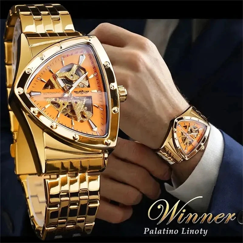 WINNER 395S Luxury Men's Mechanical Watches Gold Stainless Steel Top Brand Waterproof Triangle Skeleton Business Male Wristwatch