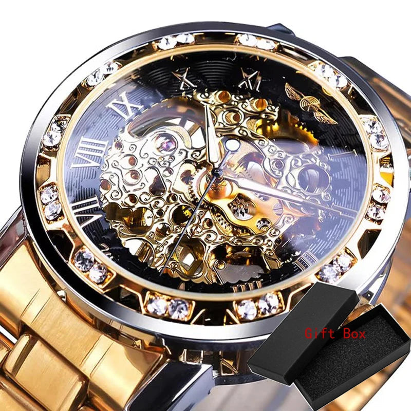 Winner Transparent Fashion Diamond Luminous Gear Movement Royal Design Men Top Brand Luxury Male Mechanical Skeleton Wrist Watch