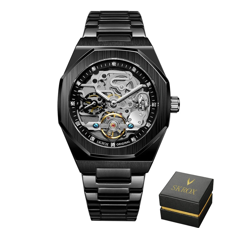 SKROX Luxury Gold Diamond Octagonal Automatic Clock Man Watch Elegant Stainless Steel Skeleton Mechanical Male Wrist Watches