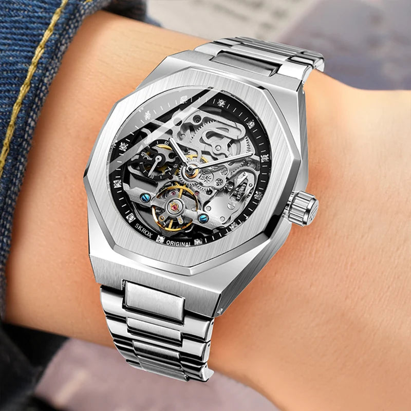 SKROX Luxury Gold Diamond Octagonal Automatic Clock Man Watch Elegant Stainless Steel Skeleton Mechanical Male Wrist Watches