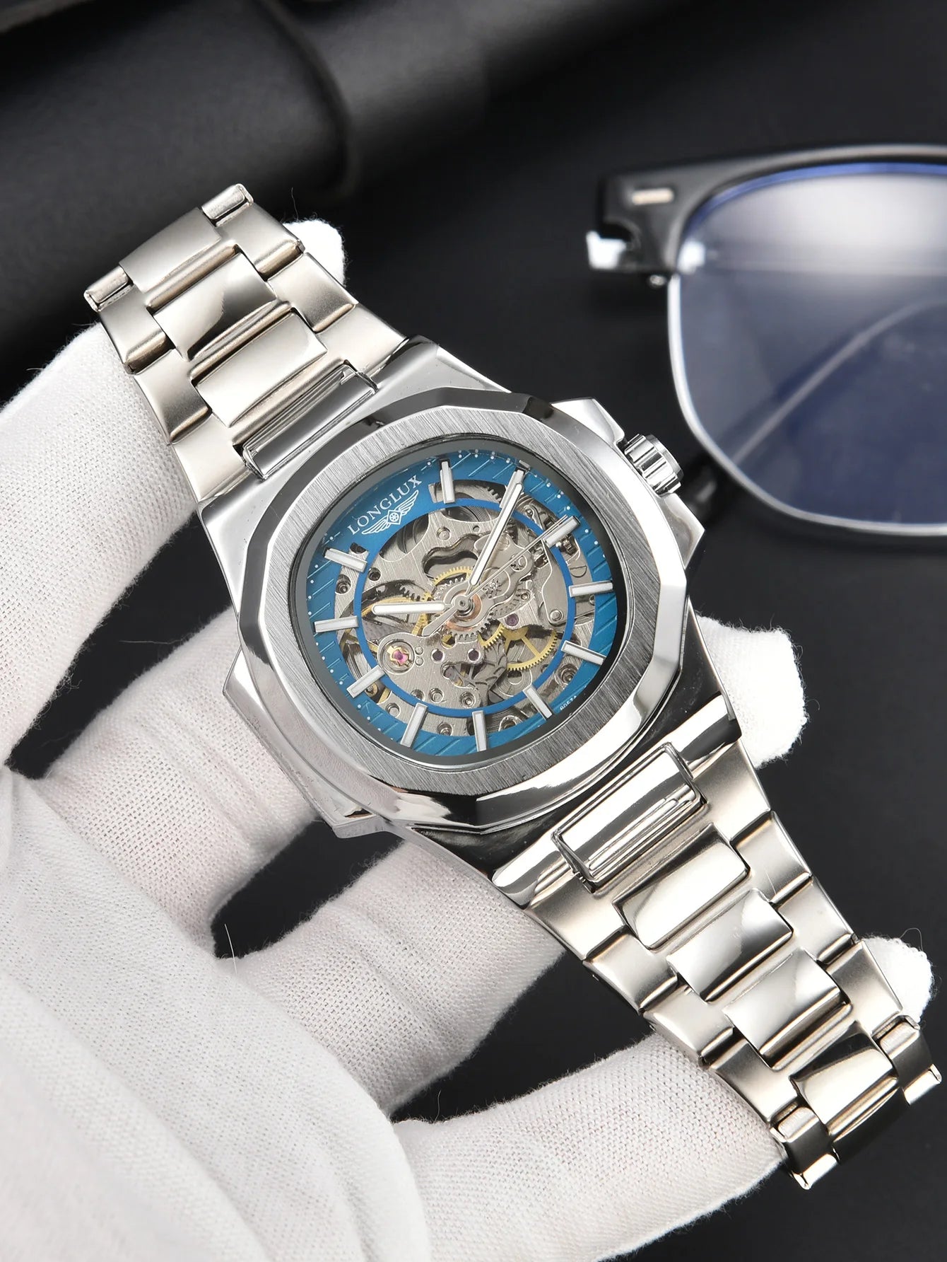 LONGLUX automatic man watch  luxury mechanical wristwatches stainless steel skeleton waterproof  mens watch men gift