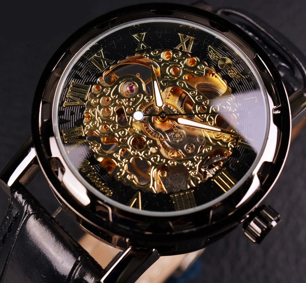 William Wangen: Winner Black Gold Male Clock Men Relogios Skeleton Mens Watches Top Brand Luxury Montre Leather Wristwatch Men Mechanical Watch