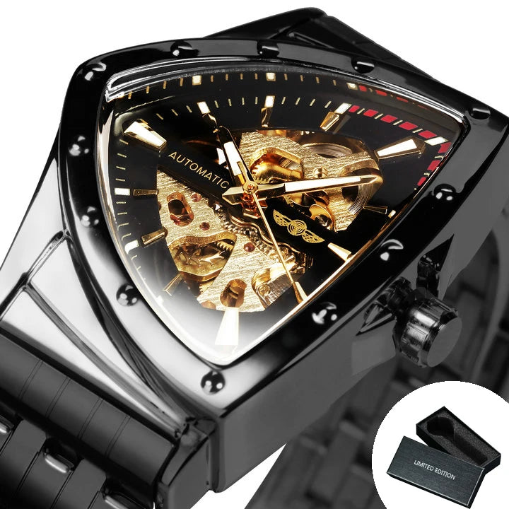 WINNER Military Triangle Skeleton Automatic Watch for Men Sports Luxury Mechanical Watches Gold Stainless Steel Strap Luminous