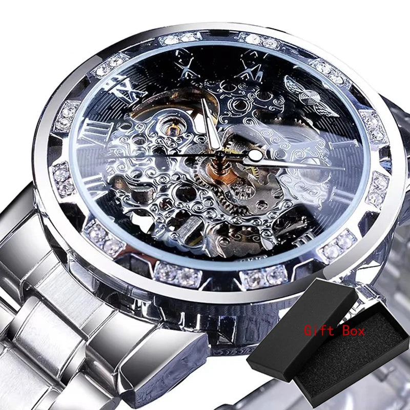 Winner Transparent Fashion Diamond Luminous Gear Movement Royal Design Men Top Brand Luxury Male Mechanical Skeleton Wrist Watch