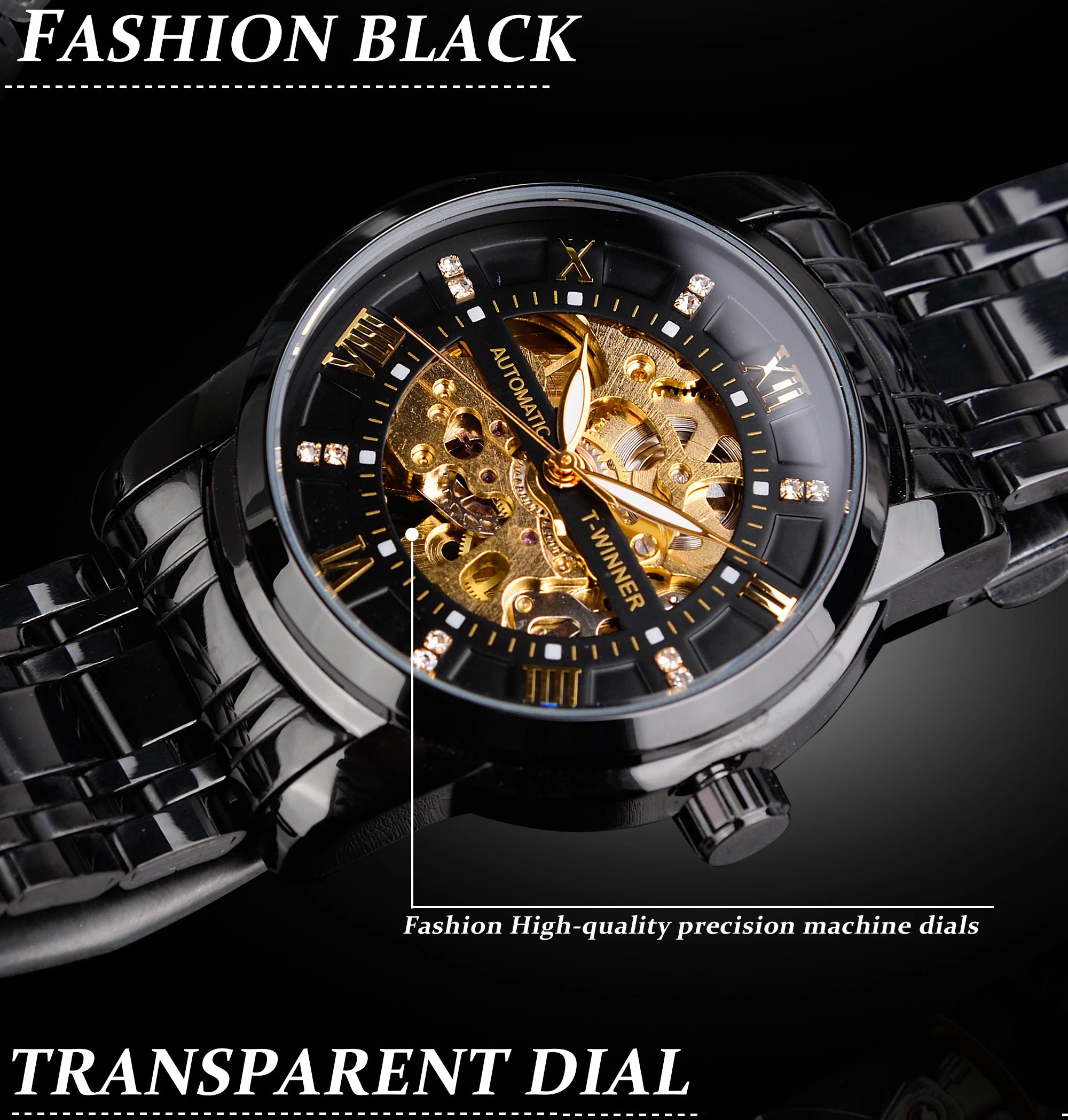 Winner Top Luxury Men Skeleton Automatic Mechanical Watch Business Fashion Rhinestone Luminous Men's Waterproof Wrist Watches