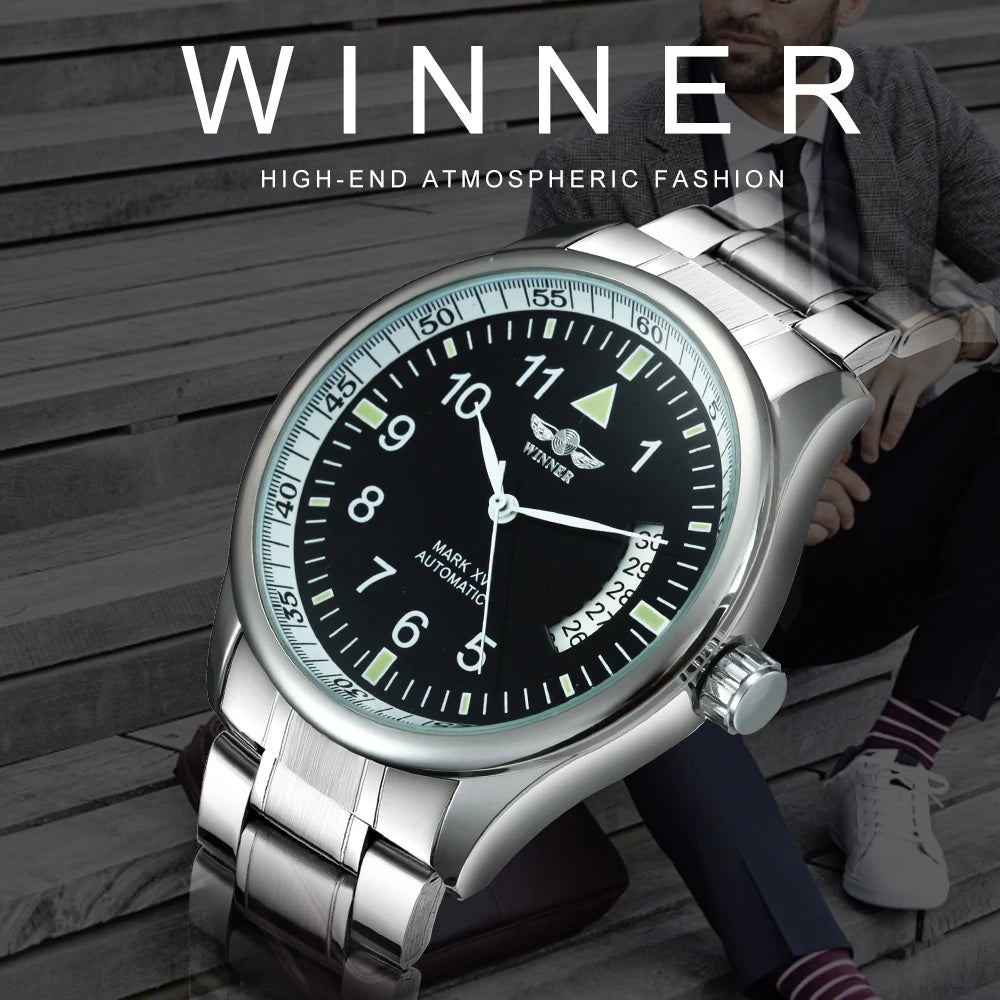 William Wangen: WINNER Business Automatic Watch for Men Fashion Calendar Black Minimalist Dial Mechanical Watches Stainless Steel Leather Strap