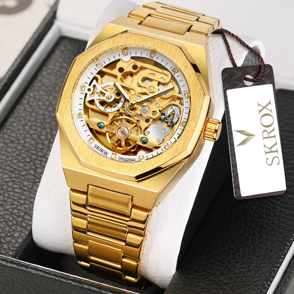 SKROX Luxury Gold Diamond Octagonal Automatic Clock Man Watch Elegant Stainless Steel Skeleton Mechanical Male Wrist Watches