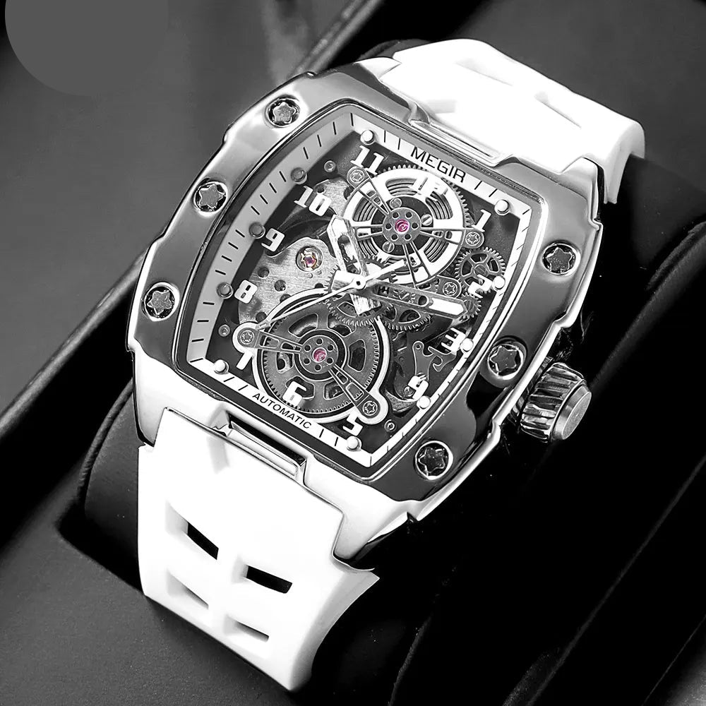 Fashion Megir 8602 Top Brand Sport Automatic Watch Men Waterproof White Silicone Strap Mechanical With Tonneau Hollowed-out Dial