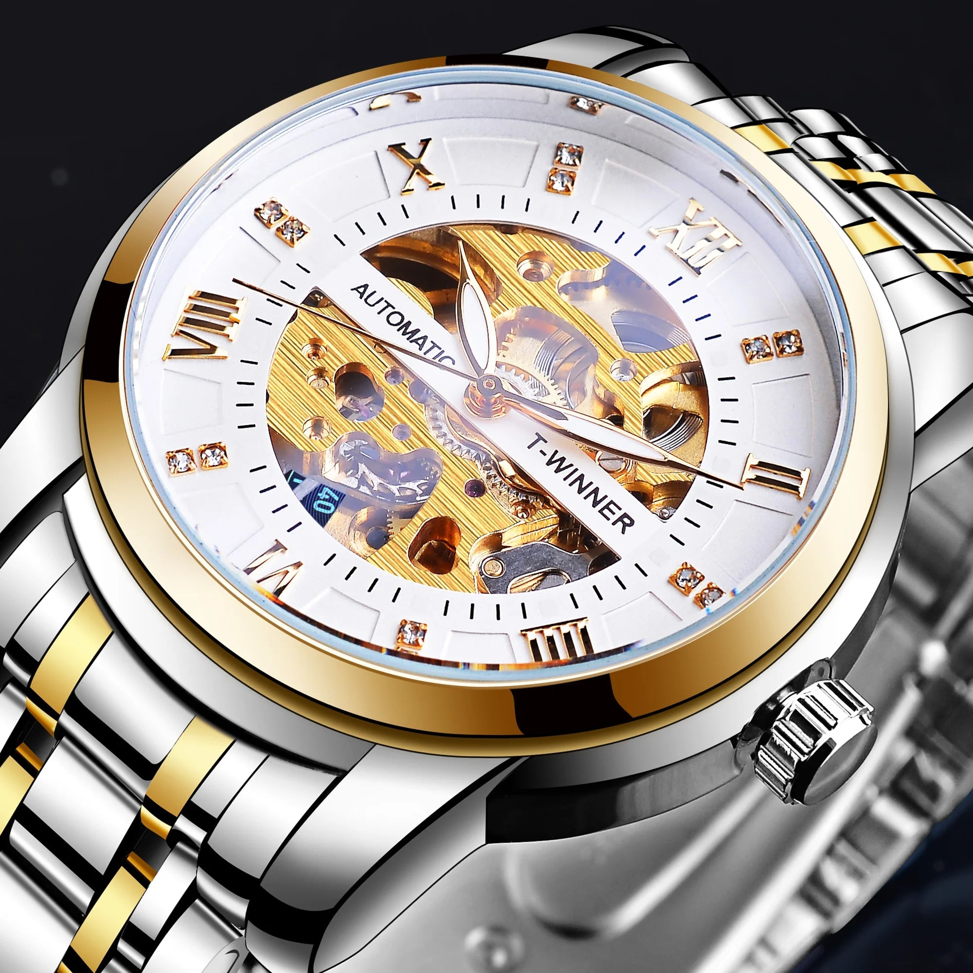 Winner Top Luxury Men Skeleton Automatic Mechanical Watch Business Fashion Rhinestone Luminous Men's Waterproof Wrist Watches