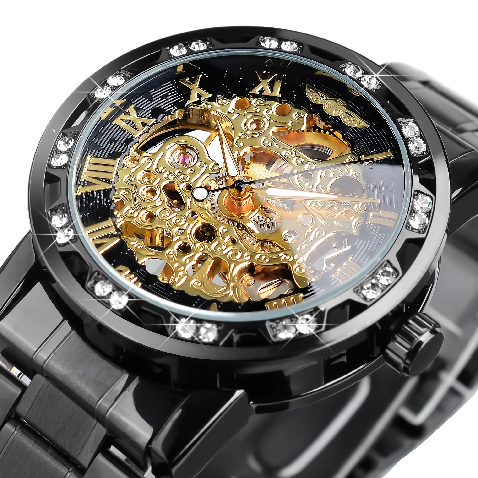 Winner Transparent Diamond Design Blue Mechanical Watch Men Stainless Steel Band Skeleton Watch Top Brand Luxury Luminous Clock