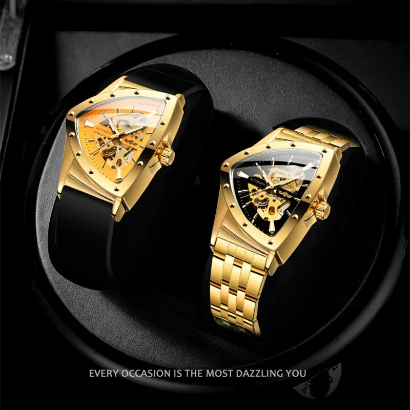 WINNER 395S Luxury Men's Mechanical Watches Gold Stainless Steel Top Brand Waterproof Triangle Skeleton Business Male Wristwatch